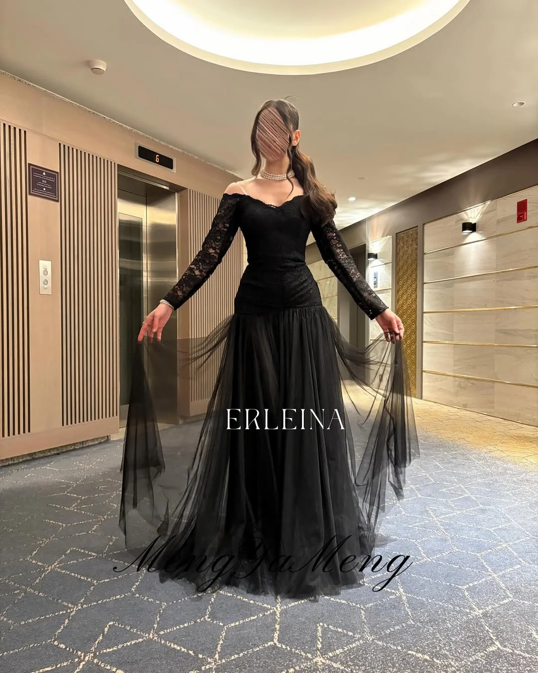 ZHUISHU ثوب مسائي أسود أنيق للنساء من الدانتيل المرقعة على شكل حرف A فساتين طويلة للحفلات الراقصة مخصصة بأكمام طويلة فستان رسمي للمناسبات #4