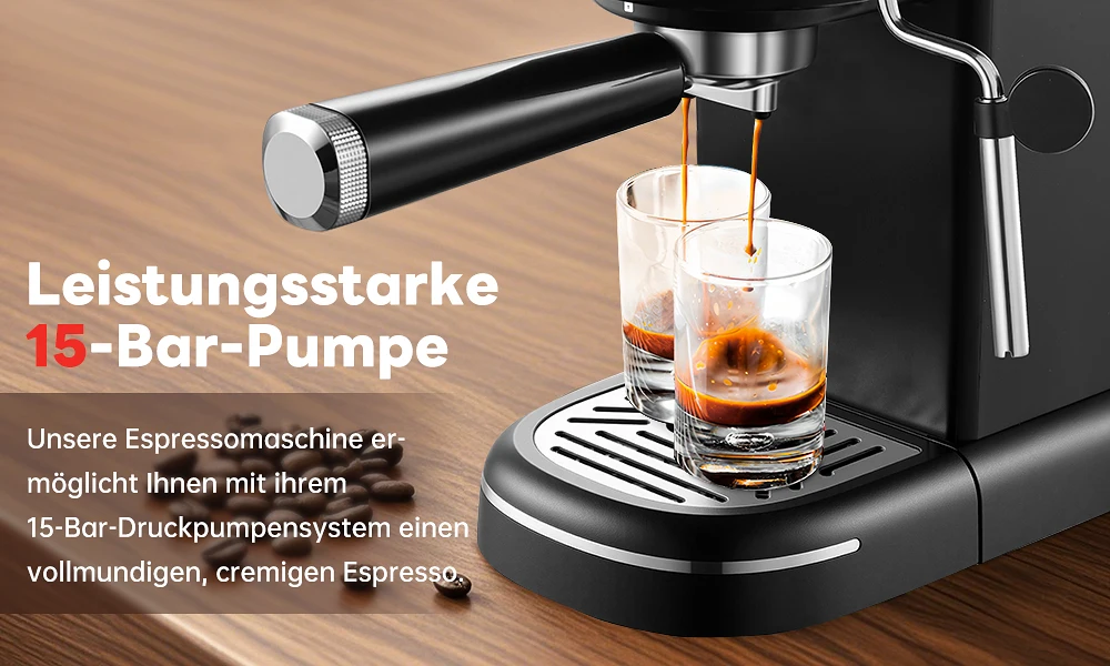 15 Bar 1,2 l abnehmbarer Tank, kompakte Cappuccino-/Latte-Maschine, Edelstahl, 1100 W, schwarze Espresso-Kaffeemaschine – Detail 2