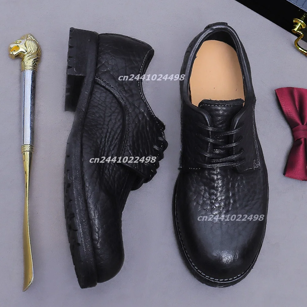 Vintage Textured Grain Upper Lace up Men Derby Shoes Round Toe Contrast White Edge Stitching Footwear, Low Block Heel Daily Shoe