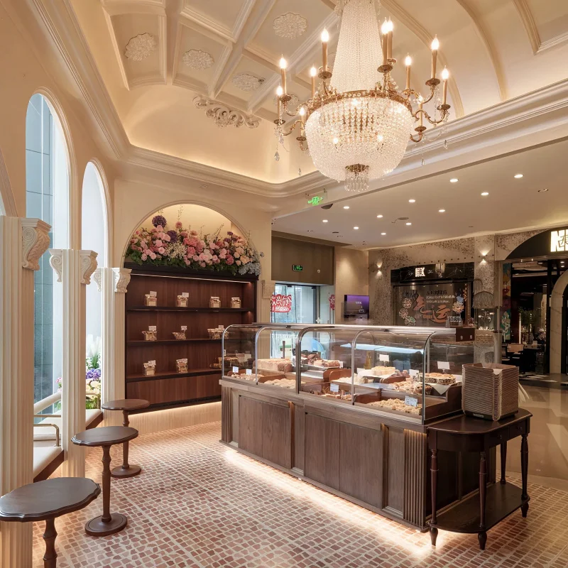 custom.Trendy Sweets Shop Furniture Design Modern Glass Coffee Shop Cabinet Custom Wooden Cafe Bakery Bar Counter view 2