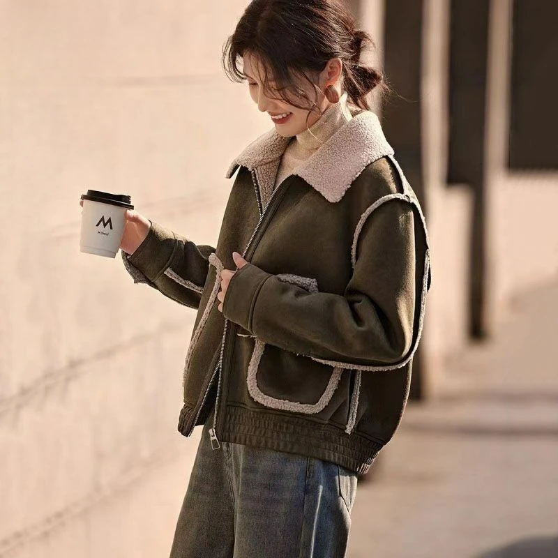 

Women's Thick Short Jacket, Korean Version, Slimming, Versatile Temperament, Contrasting Color, Deer Fur, Winter, New Fashion