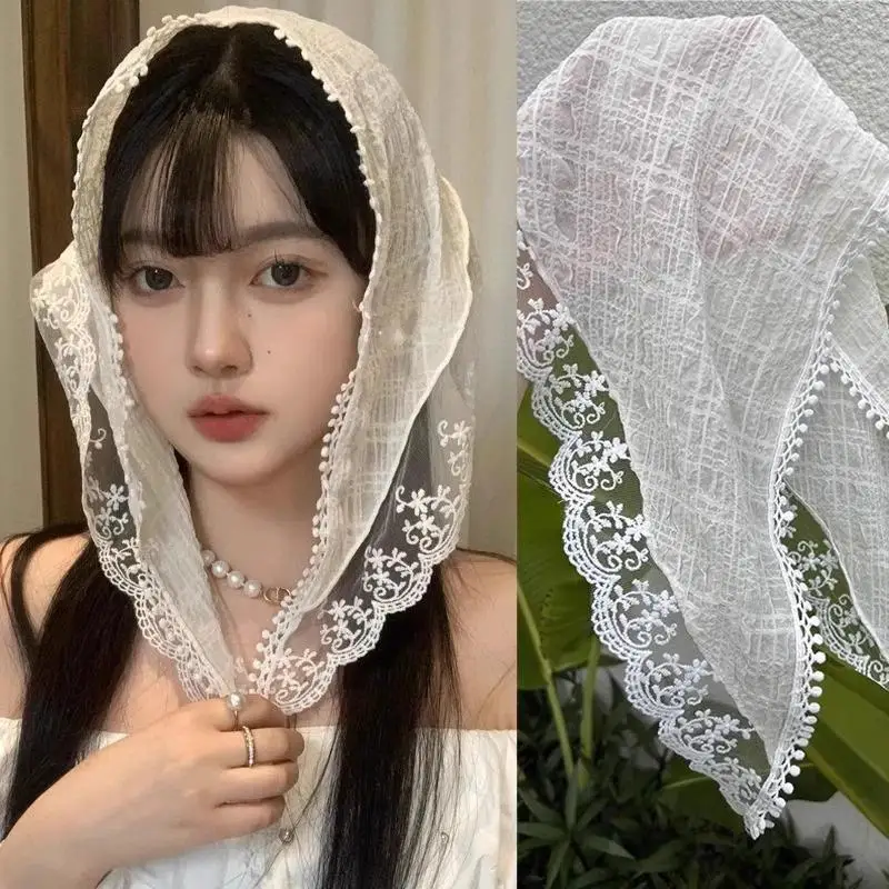 

Korean Lace Hair Scarf for Women Triangle Neck scarf retro Lace Trim Handkerchief Bandanas Pastoral Style Travel Photo Headband