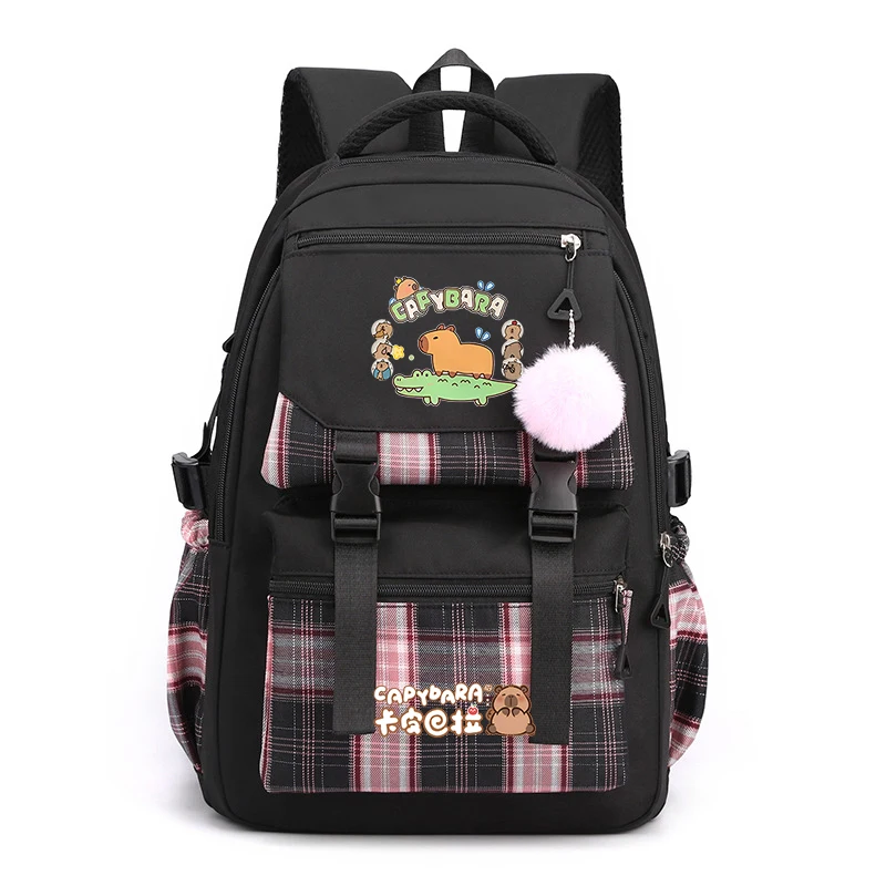 Kawaii Capybara Print Plaid Splicing Backpack Teen Girls Casual Student Laptop School Bag Mochilas Para Adolescentes Schoolbag
