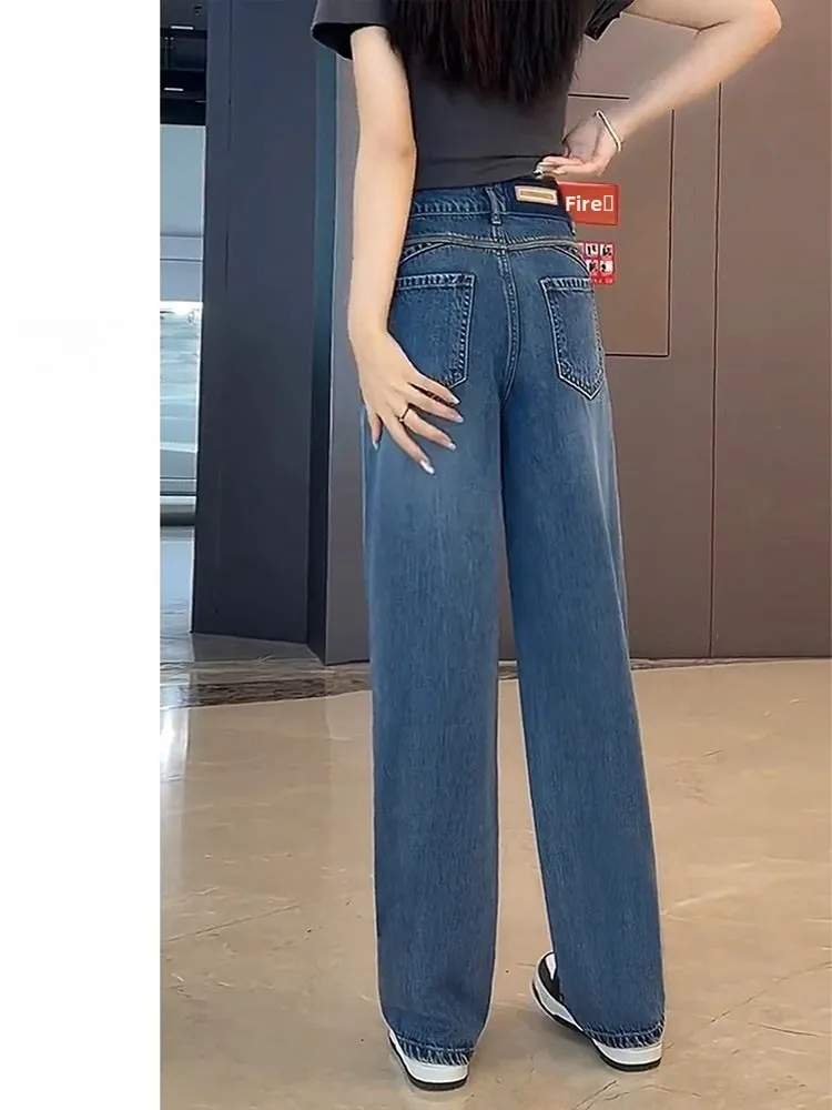 

plus Size Silk Wide Leg Jeans Women Thin Spring New Drapey Ice Silk High Waist Long Pants Loose Straight Tube Jeans
