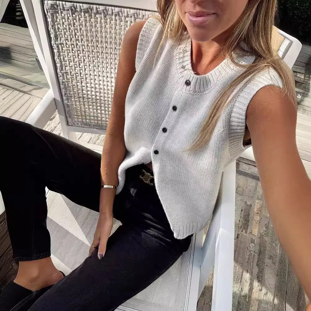 Summer Knitted Cardigans Women Elegant Fashion Button Sleeveless Tops Solid Basic Casual Loose Vacation Holiday Vests 2024 Gray