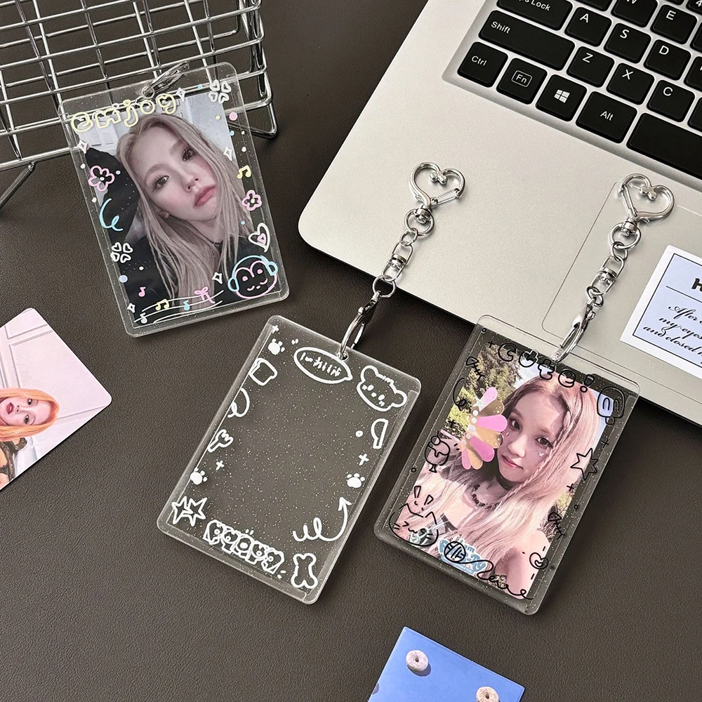 Ins Transparent Photocard Holder Acrylic Glitter Photo Card Case Idol Photo Frame Photo Album ID Card Film Sleeve with Keychian