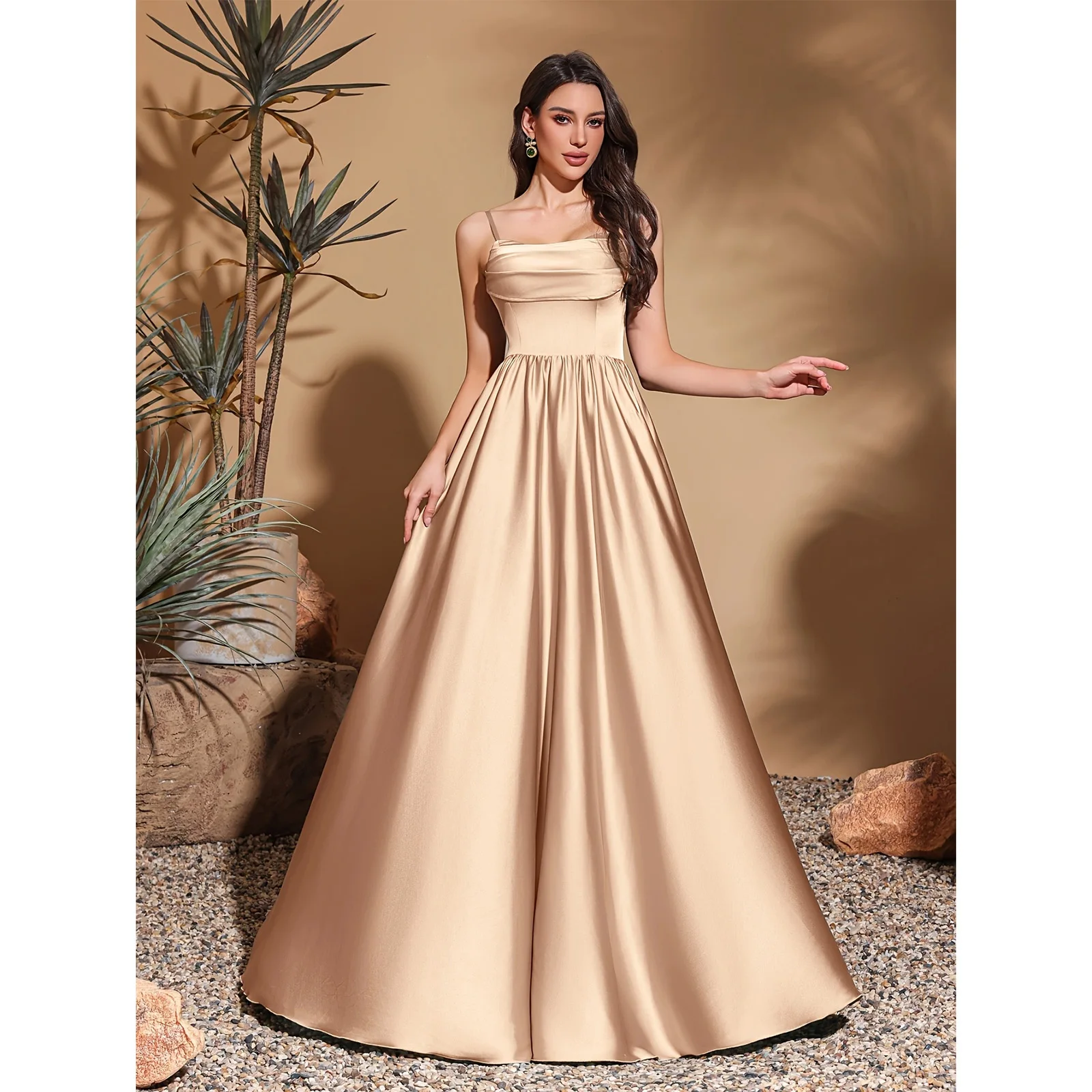 

Strapless chest pleated satin high waist floor-length gown, women's long dress, party dress