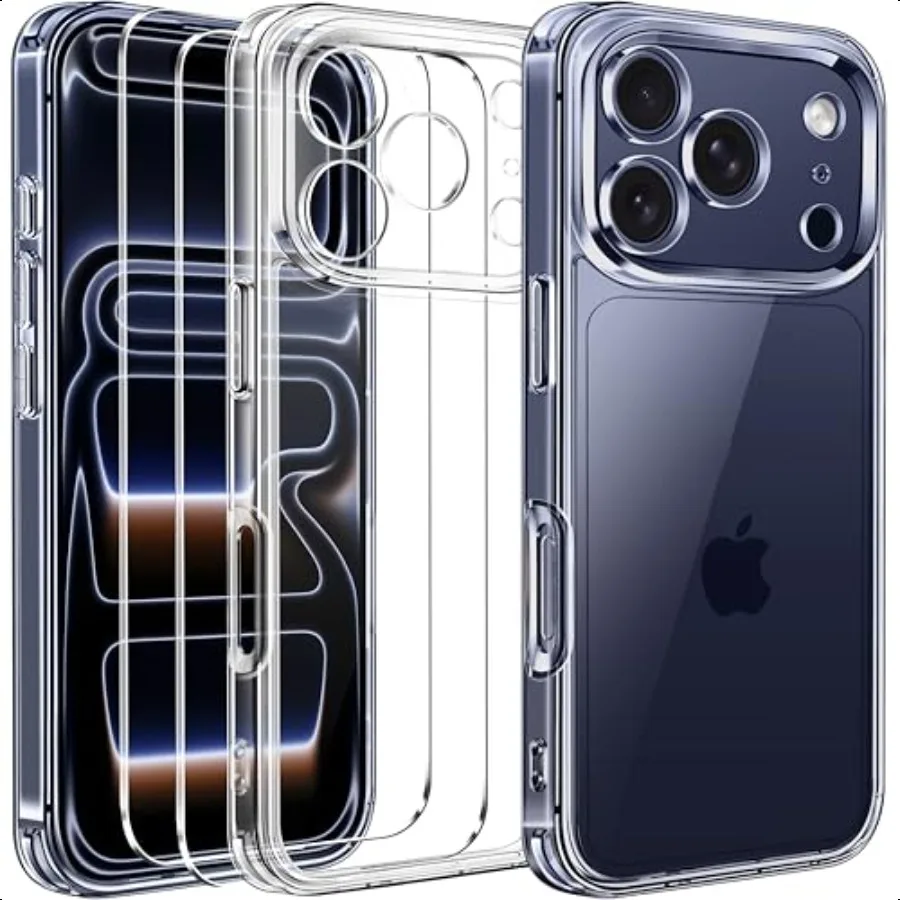 

Прозрачный чехол ivoler 3 в 1, предназначенный для iPhone 17 Pro Max 6,9 дюйма, 2025 с 2 упаковками защитных экранов из закаленного стекла, полная защита для камеры