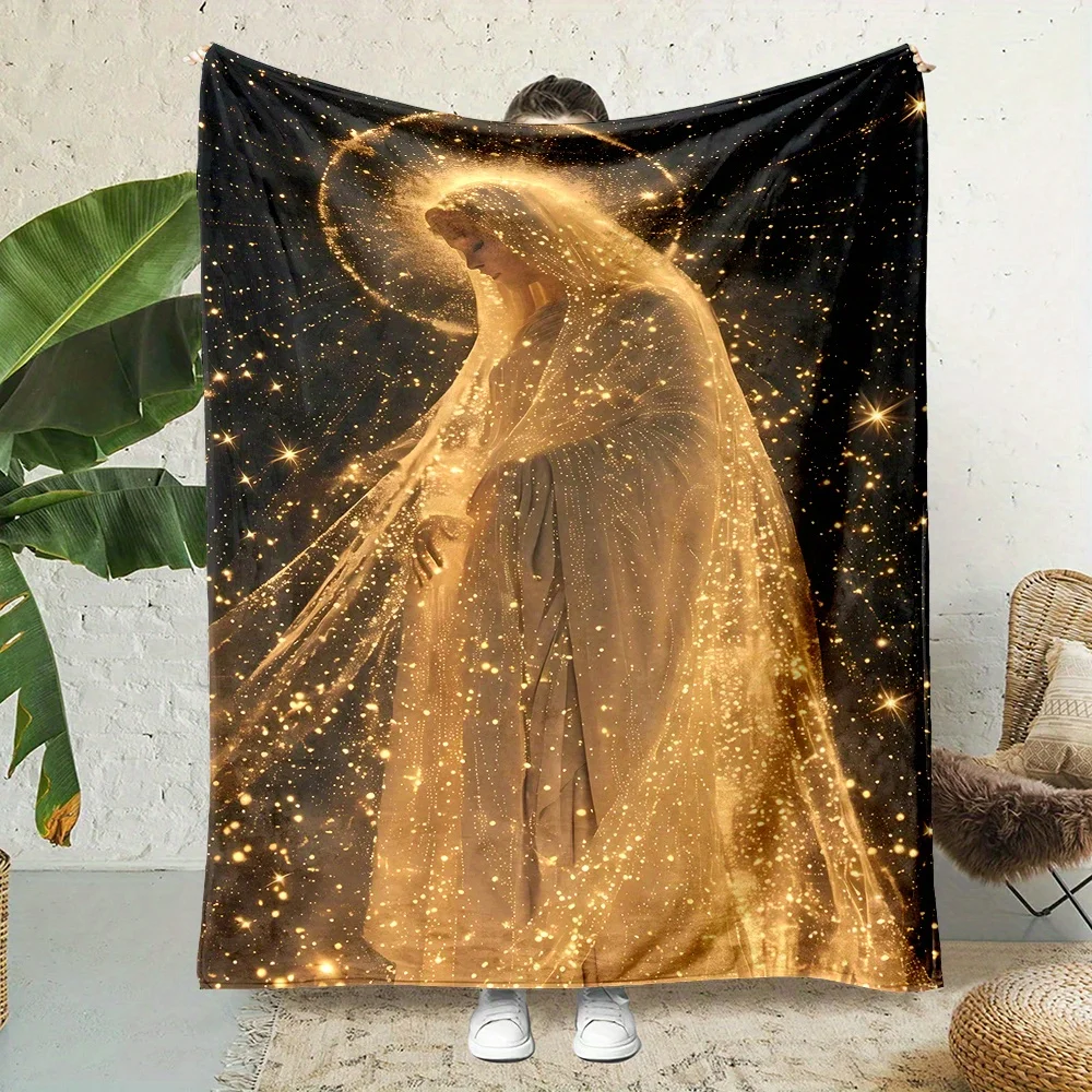 1pc Contemporary Reversible Flannel Fleece Throw Blanket, Digital Print Virgin Mary with Golden Halo