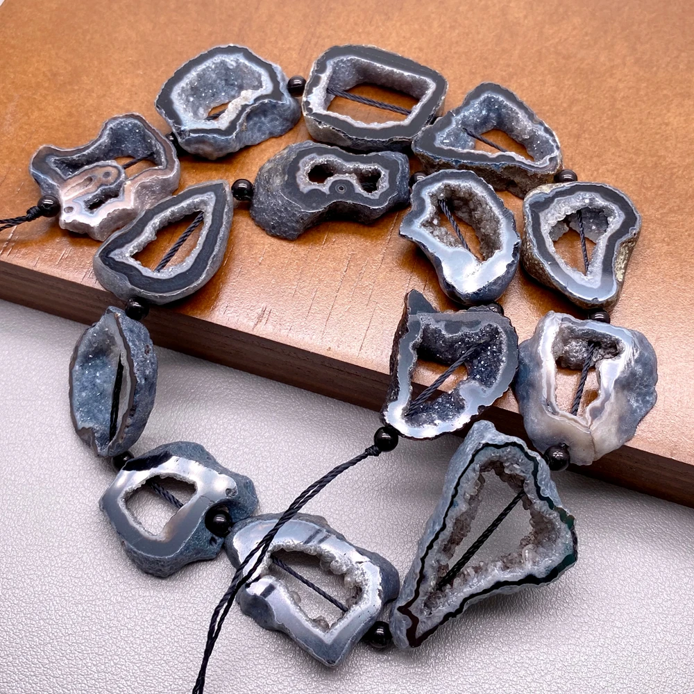 One Strand Natural Black Agates Druzy Geode Slice Beads Quartz Drusy Beads For Diy Jewelry