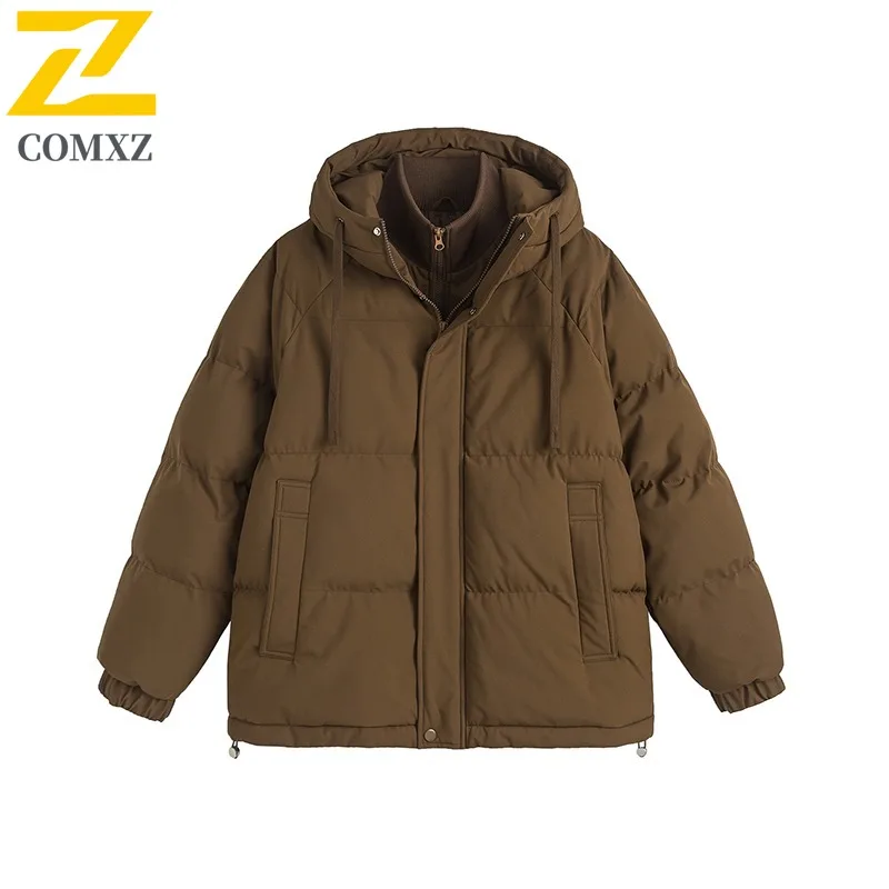 

COMXZ 2025 Men Women Couple Fake Two Piece Cotton Jacket Winter Waterproof Windproof Thermal Padded Lightweight Coat
