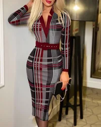 Women's Sexy Geometric Pattern V-Neck Midi Pencil Dress with Belt, Long Sleeve Knit Bodycon Dress, Suitable for All Seasons