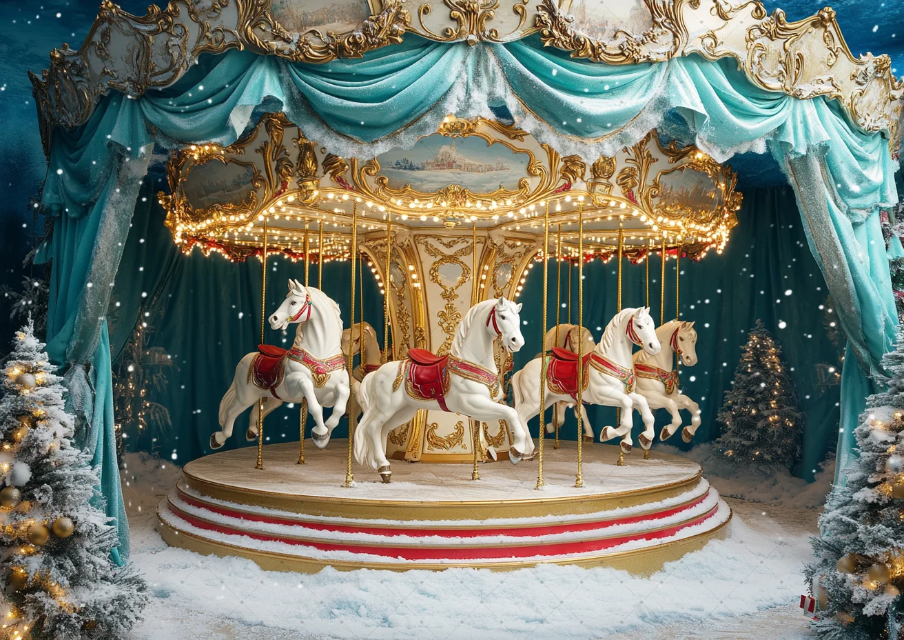 Winter Whimsical Carousel With White Horse Surround Christmas Backdrop Baby Kids Portrait Family Party Photocall Backgrounds