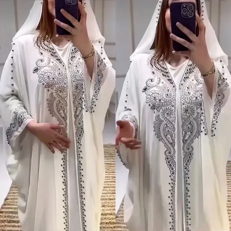 Diamond Bead Fashion Loose Abaya African National Style Muslim Dress Dubai Turkey Arabic Maxi Dresses for Women Plus Size Hooded