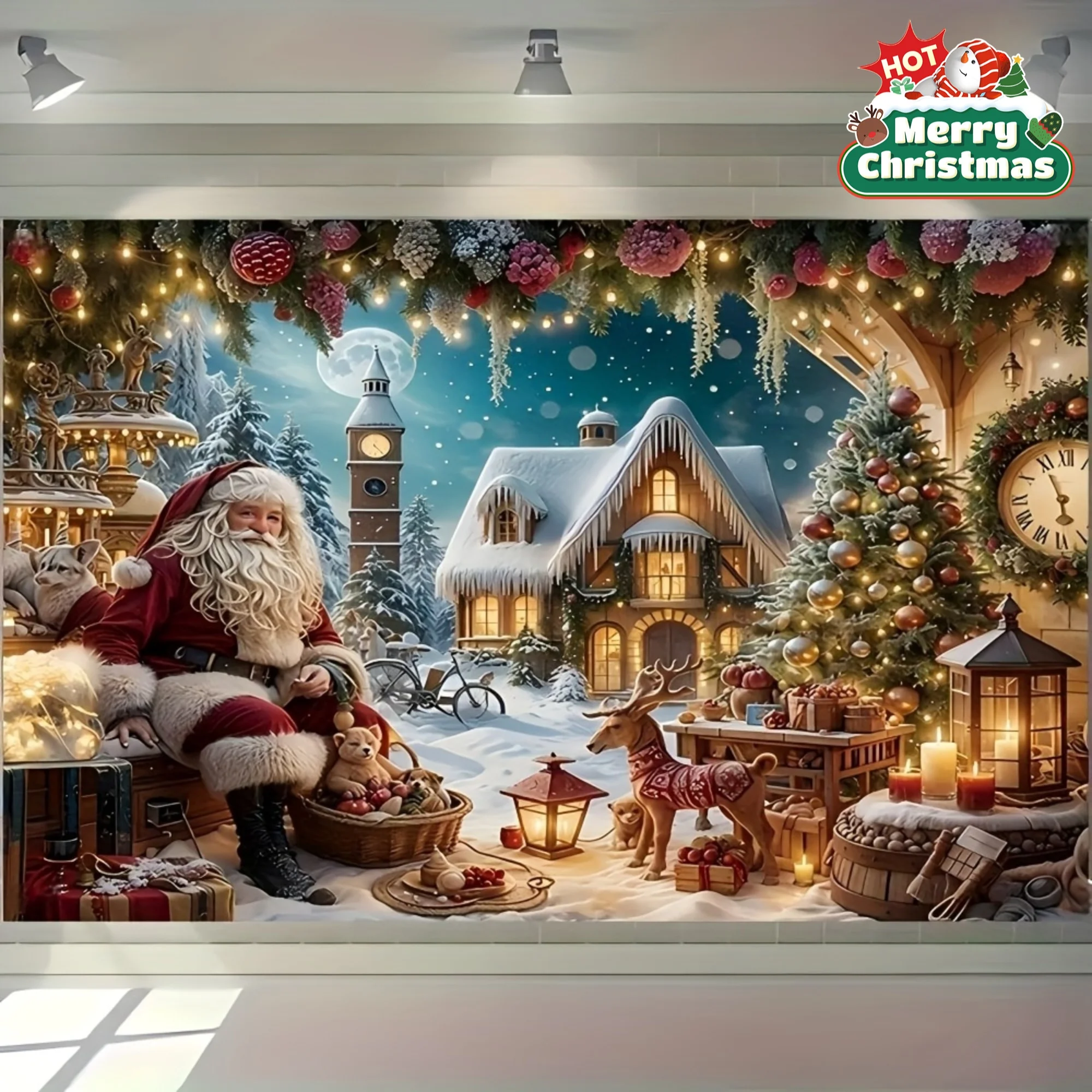 

VIKAMA Santa Claus Snow Scene Tapestry Living Room Feature Wall Children's Room Decor Christmas Party Room Decor