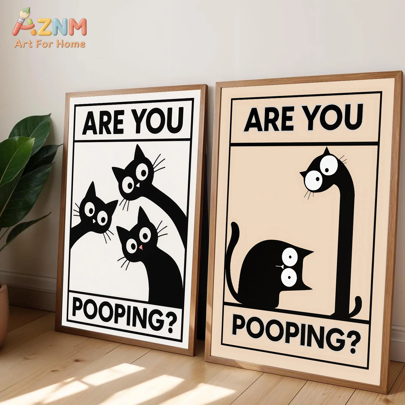 AZNM Frameless Canvas Wall Art, Funny Cartoon Black Cat Are You Pooping Typography Print Minimalist Cute Kitty Illustration Post