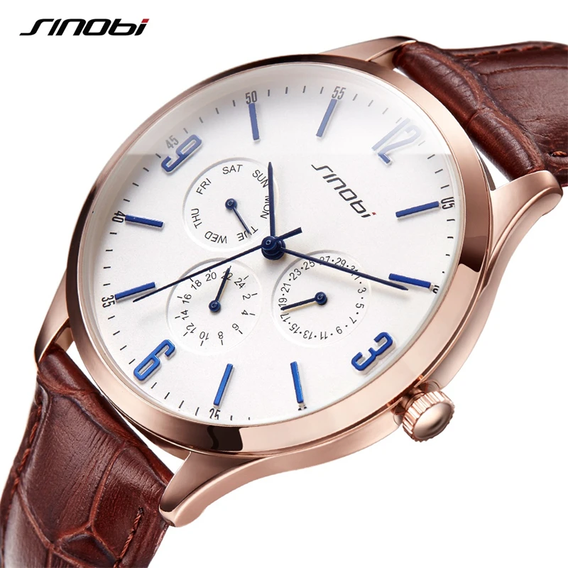 SINOBI Men's Wristwatches Calendar Week Date Functions Leather Strap Business Males Geneva Quartz Clock gifts Relogio Masculino