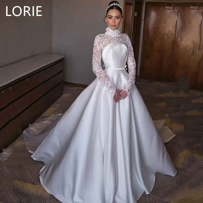 LORIE A-line Elegant Wedding Gown Modest Lace Applqiue Satin Wedding Dresses Long Sleeves Wedding Gown Customized 2025