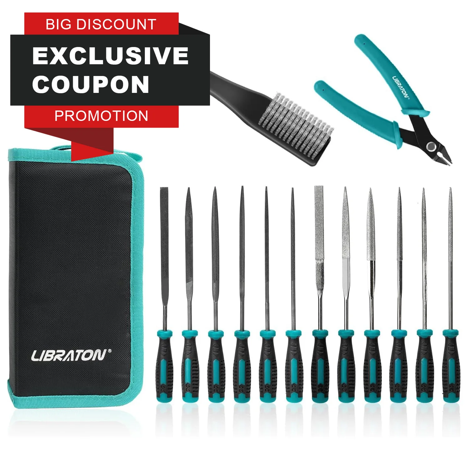 Libraton Diamond Needle File Set 14PCS Small File Set 6 Diamond Files & 6 Carbon Steel Files with Wire Cutter Steel Brush