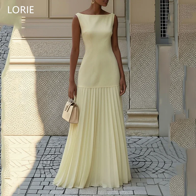 ローリー エレガントなイエローのパーティードレス ノースリーブ ドレープ Aライン イブニング プロムドレス シンプル フォーマルな機会 プロムドレス カスタマイズ