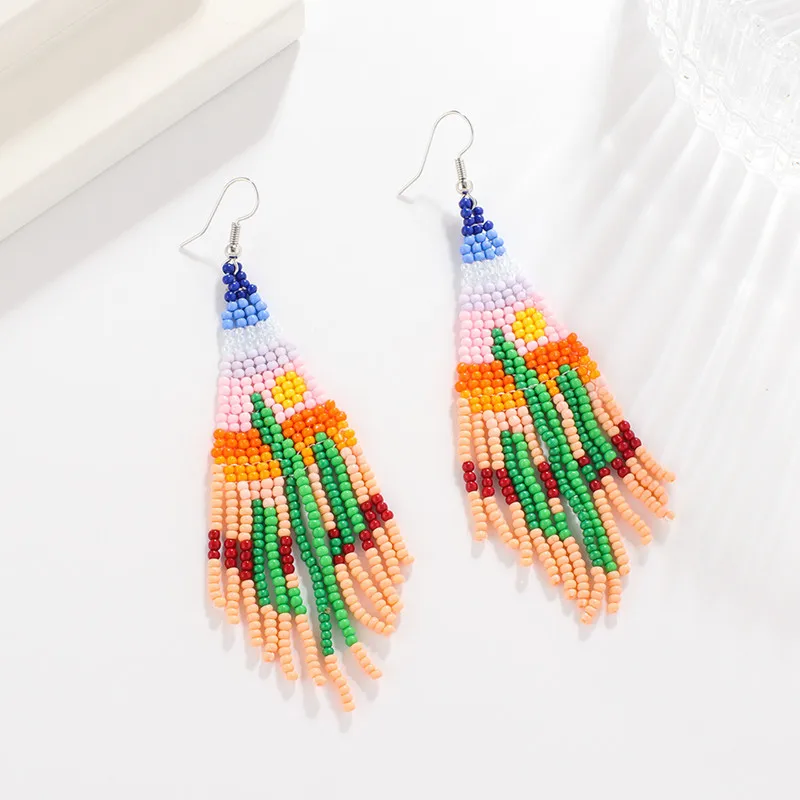 Rice Bead Earrings  Hand Beaded  weave  cactus  new pattern  fashion  Bohemia  geometry  alloy  ma'am  Tassel Earrings image 4