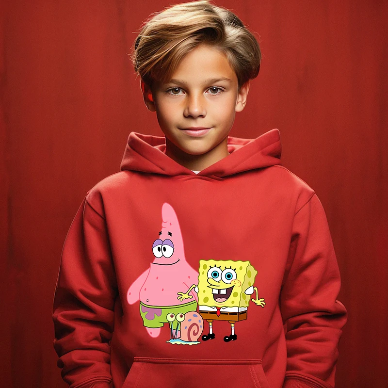 SpongeBob SquarePants printed kids hoodie red top plus velvet sweatshirt for boys and girls