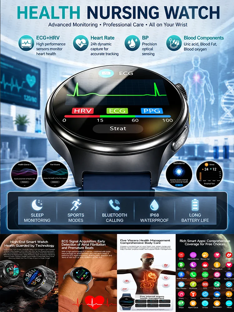 Neue nicht-invasive Smartwatch für Männer mit EKG, Blutdruck, Sauerstoffsättigung, Herzfrequenz, Blutkomponenten, Harnsäure, Blutfette, Temperatur, Ganzkörperuntersuchung, BT-Anruf,