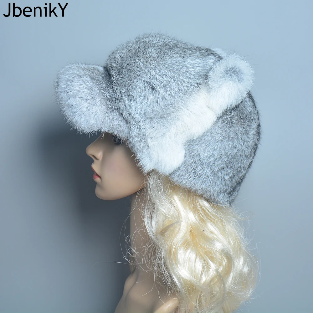 

Lady Winter Warm 100% Natural Real Rabbit Fur Hat Women Soft Natural Rabbit Fur Cap Knitted Genuine Fur Skullies Beanies Hats