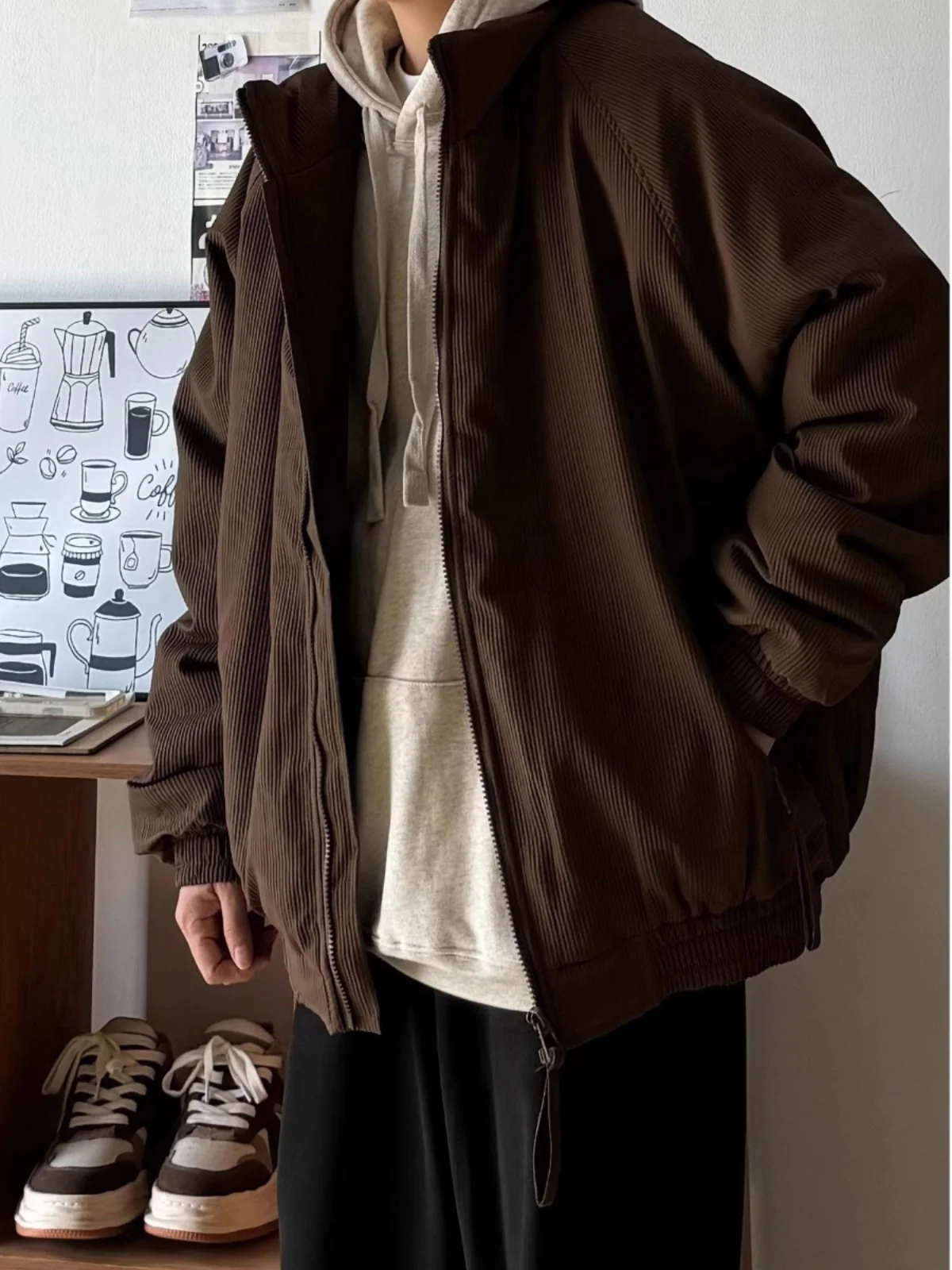 

Ретро-японская куртка с вертикальными полосками и воротником, свободного кроя, с вставками на плечах, хлопковое пальто для осени и зимы