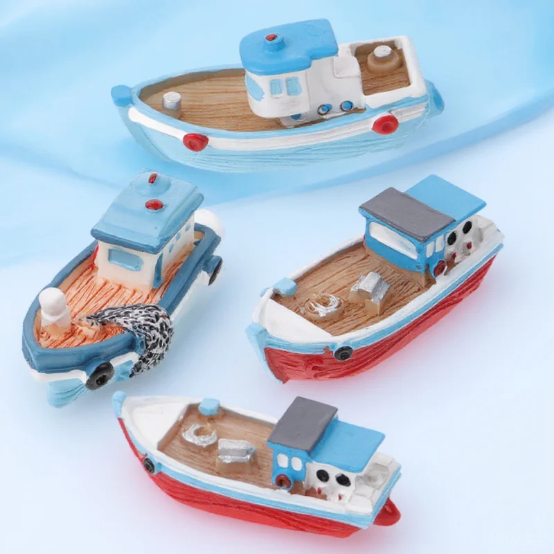 4Pcs Miniature Fishing Boat Resin Ornament Modern Sculpture for Dining Table Office Desk Home Decor Portable Chic Accessory
