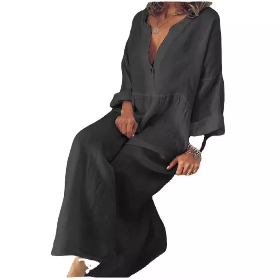 2025 Early Autumn Women's Elegant Solid Color Long Sleeve V-neck Fashionable Long Dress Women's Casual Retro Women's Long Dress