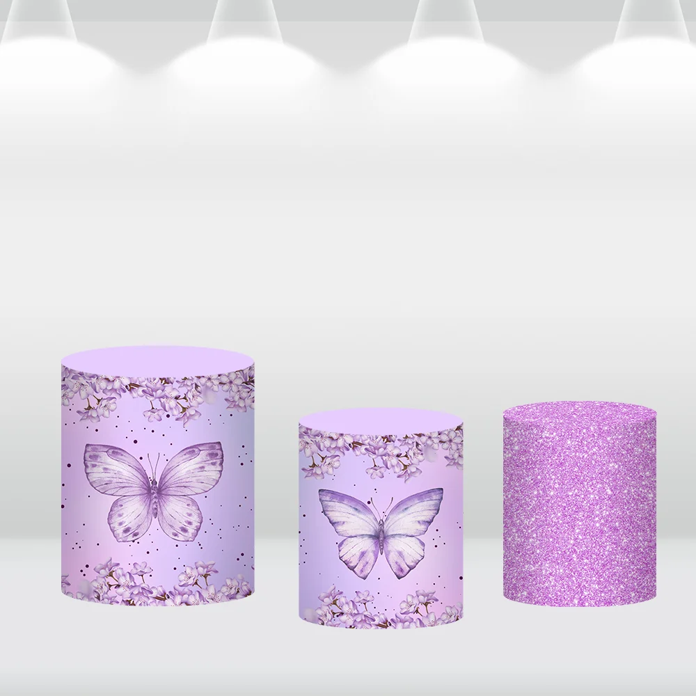 Fondo redondo circular de Hada y mariposa púrpura para niñas, fondo de flores para fiesta de cumpleaños, accesorios de fotografía, cubiertas de cilindro con purpurina