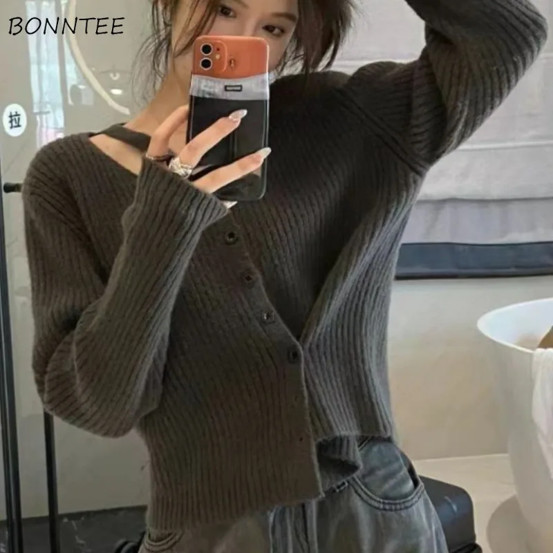 

Кардиган женский с v-образным вырезом, шикарный повседневный трикотаж, минималистичный стиль, удобный корейский модный популярный универсальный весенний Y2k