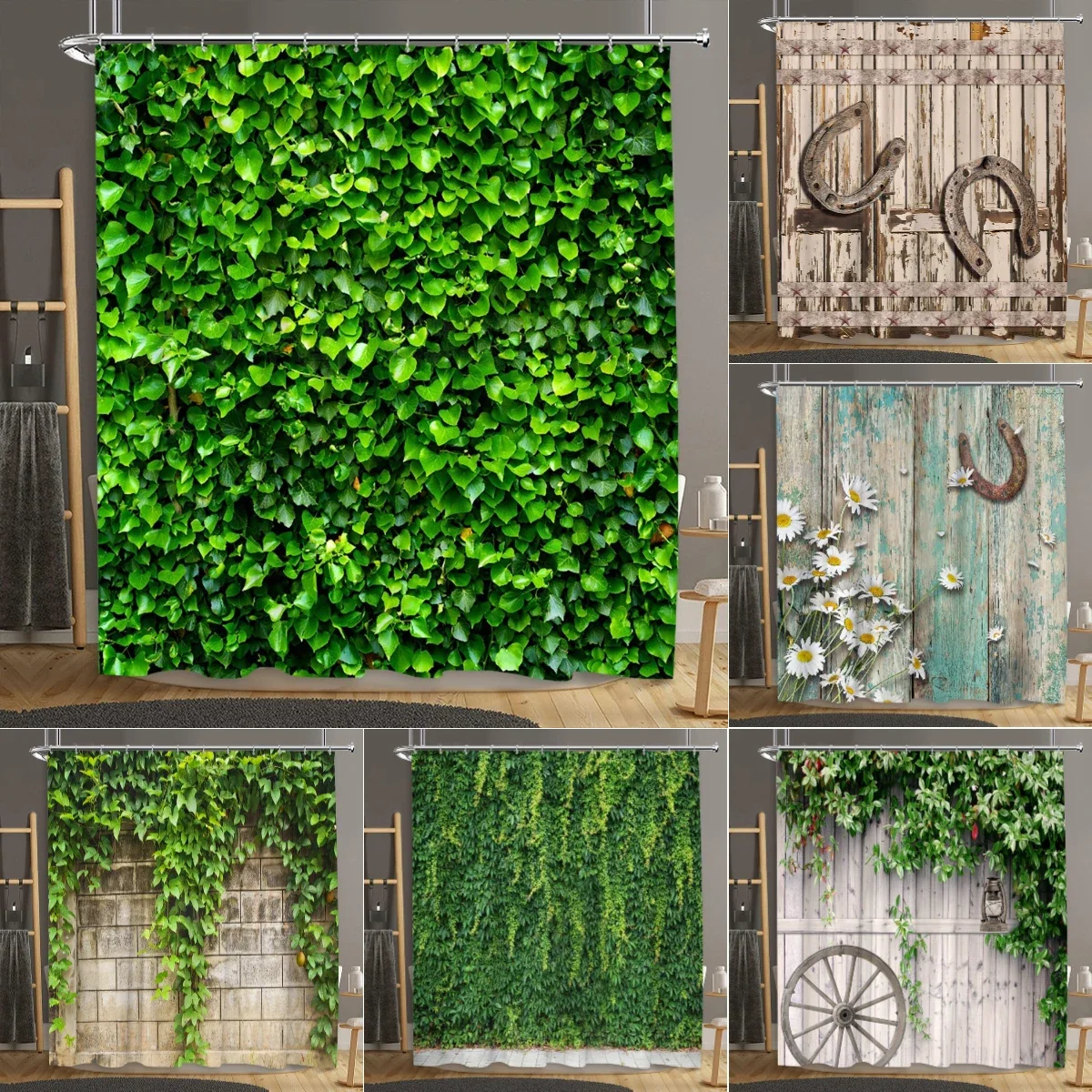 Brick Wall Shower Curtain Botanical Flower Natural Farm Vine Barn Rustic Wood Panel Home Polyester Fabric Bathroom Decor Curtain