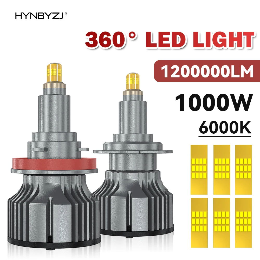 

HYNBYZJ H7 H11 LED Headlight Bulb 1000W 6000K 6 Side CSP Chip For LED Car Headlamp Auto Diode 360 Turbo LED 12V Automobile