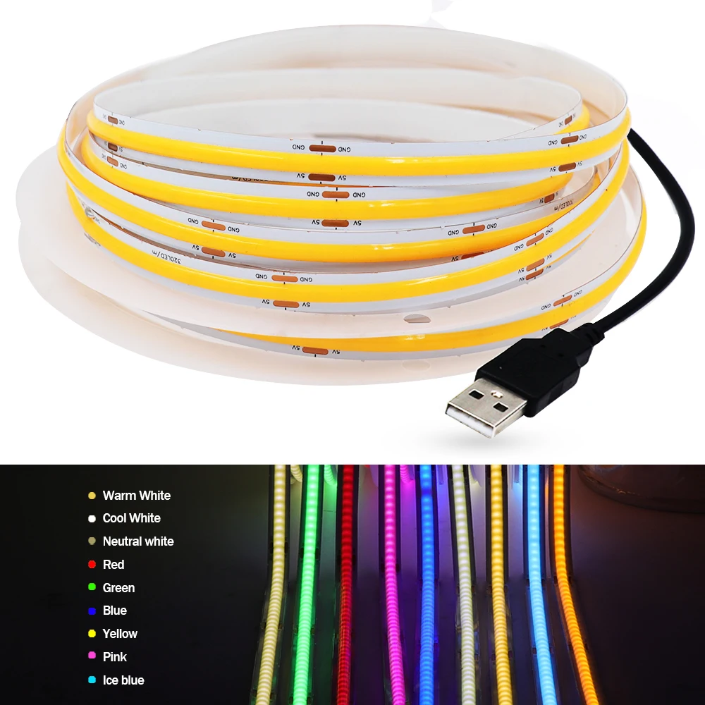 

5V USB COB LED Strip 320LEDs/m Linear RA90 Flexible COB Light Red Green Blue Yellow 3000-6500K LED Strips for Room Decor Lamp