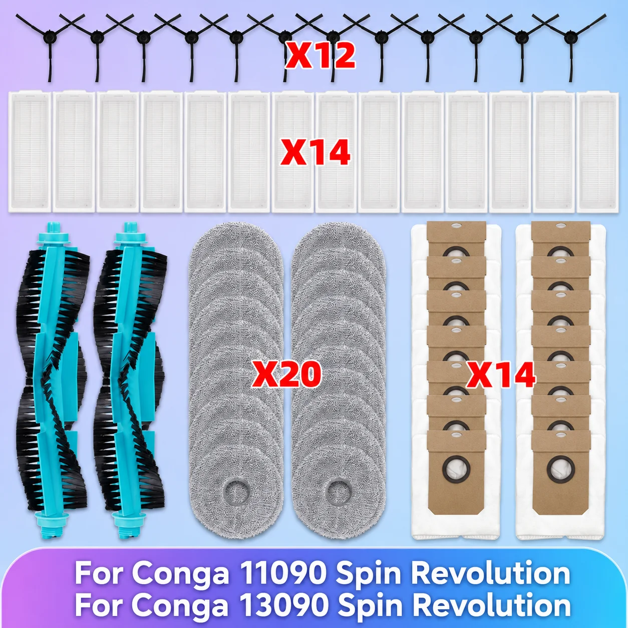 Compatível com ( Cecotec Conga 11090 / Conga 13090 Spin Revolution ) Peças do Aspirador Escova Principal Escova Lateral Filtro Hepa Pano de Limpeza Saco de Pó Acessórios