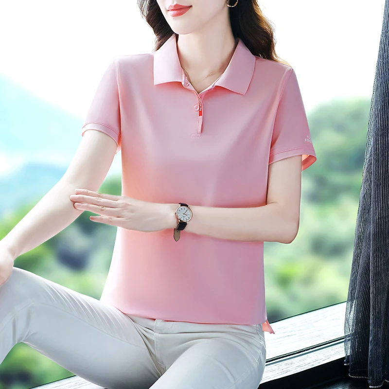 Moeroshe Summer Ice Silk Fabric Sports Short Sleeve Shirt Cotton Tee Women's T-shirt Oversized Knitted Ladies Polo Golf Female