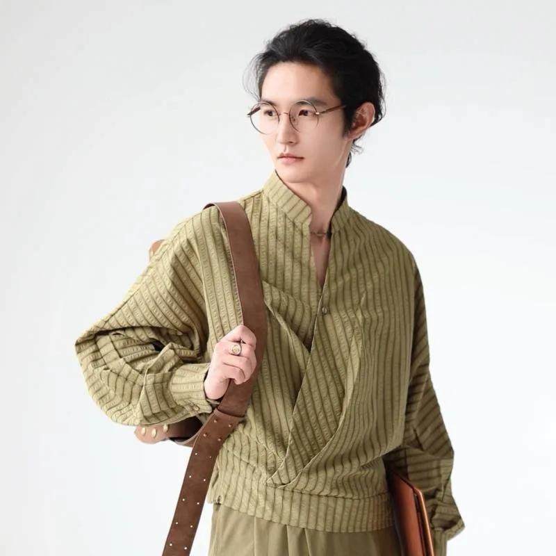 WVGA Spring Autumn New Men Tide Striped Trendy Stand Collar Long Sleeve Shirt Niche Chic Casual Short Tops Streetwear Ins W16846