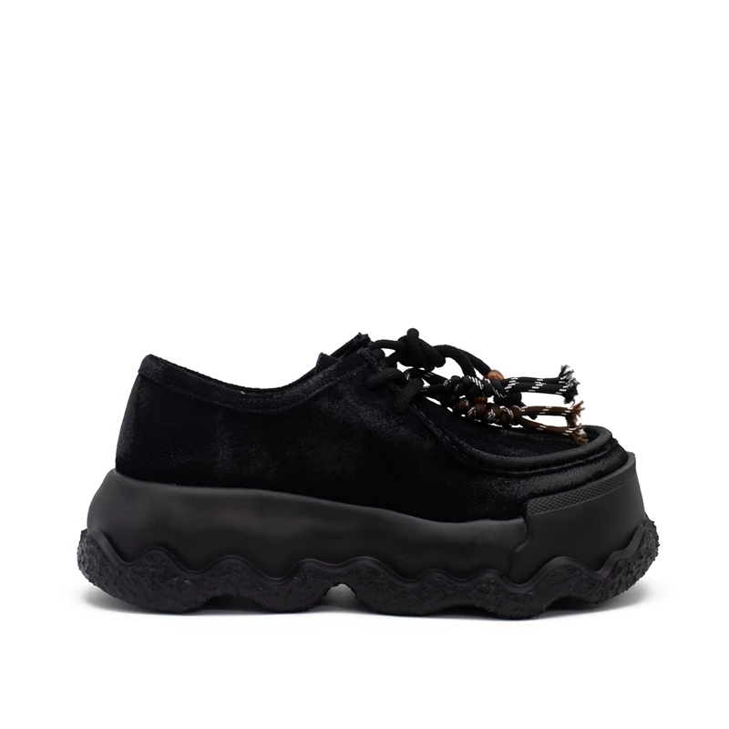 Men Mules Black Cow Suede Thick Platform Loafers Lace‑Up Height Increasing Casual Shoes Fashion Daily Walking Footwear