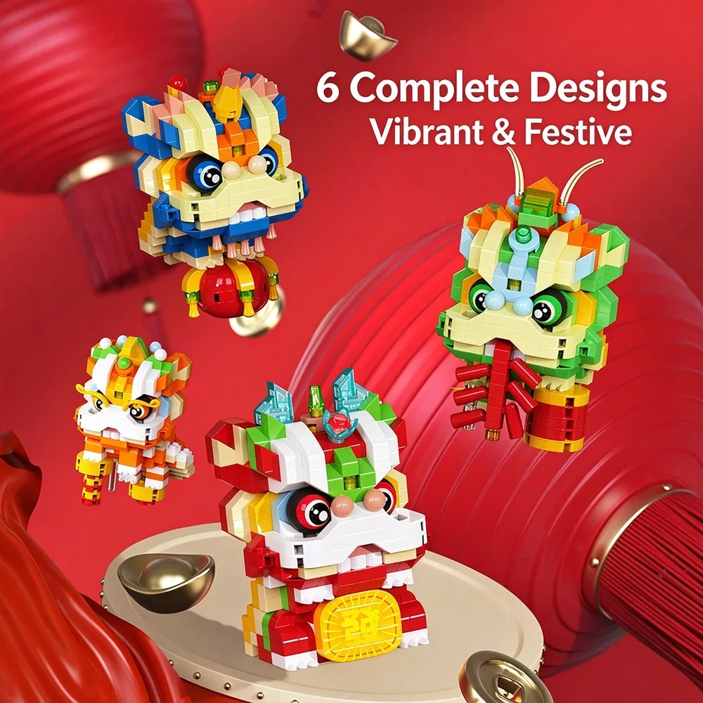 Cartoon Trend Lion Dance Building Blocks Spring Festival Decoration Educational Toy Desktop Ornament Kids New Year Holiday Gift