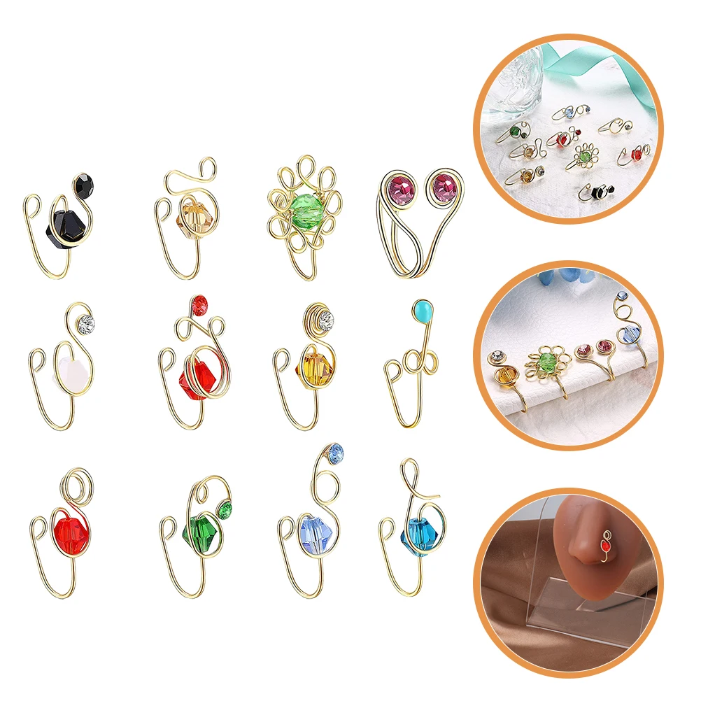 

12 Pcs Nose Studs Fake Septum Rings Rhinestones Copper Wire African Cuff for Women Adjustable Body Jewelry Piercing Safe Long