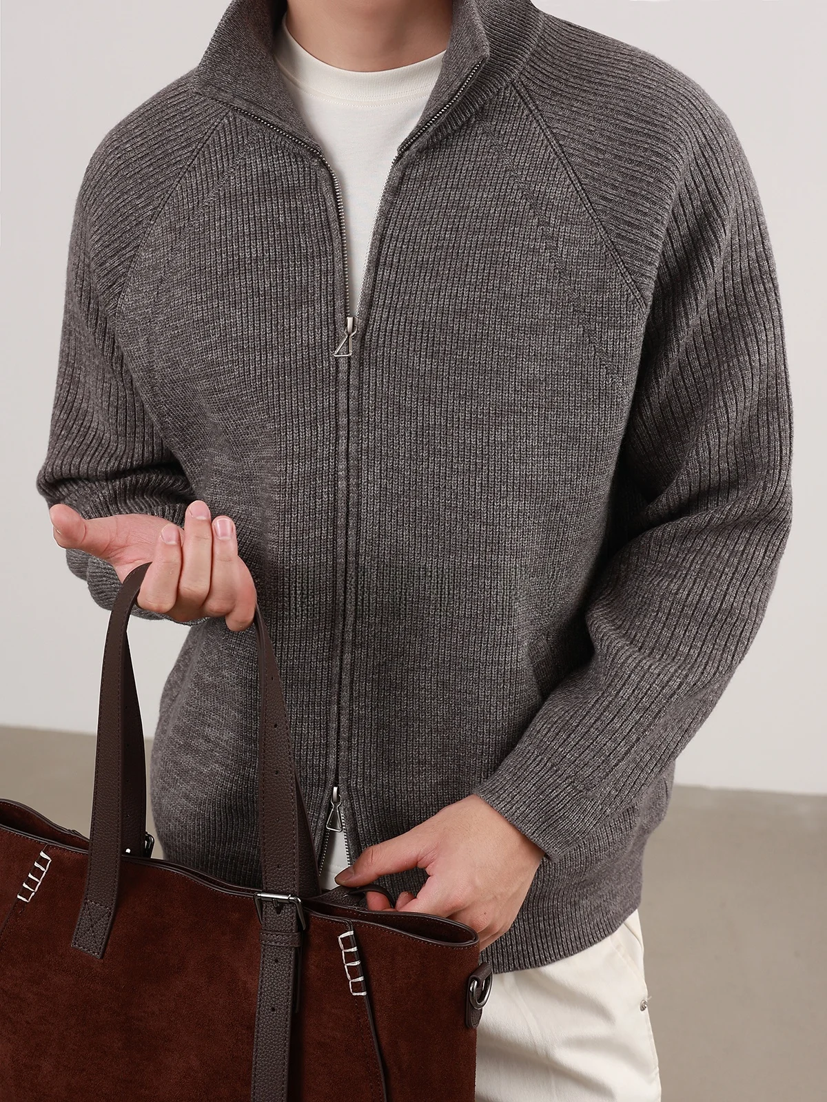 Minimalist Style Men's Knitted Cardigan Double Zipper High Weight Stand Collar Thick Outerwear for Autumn And Winter