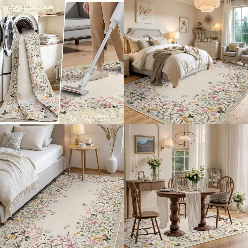 

Floral 5x7 Washable Rug for Living Spaces, Non-Slip Mat for Dining, Botanical Carpet for Entryways and Dorms (Beige)