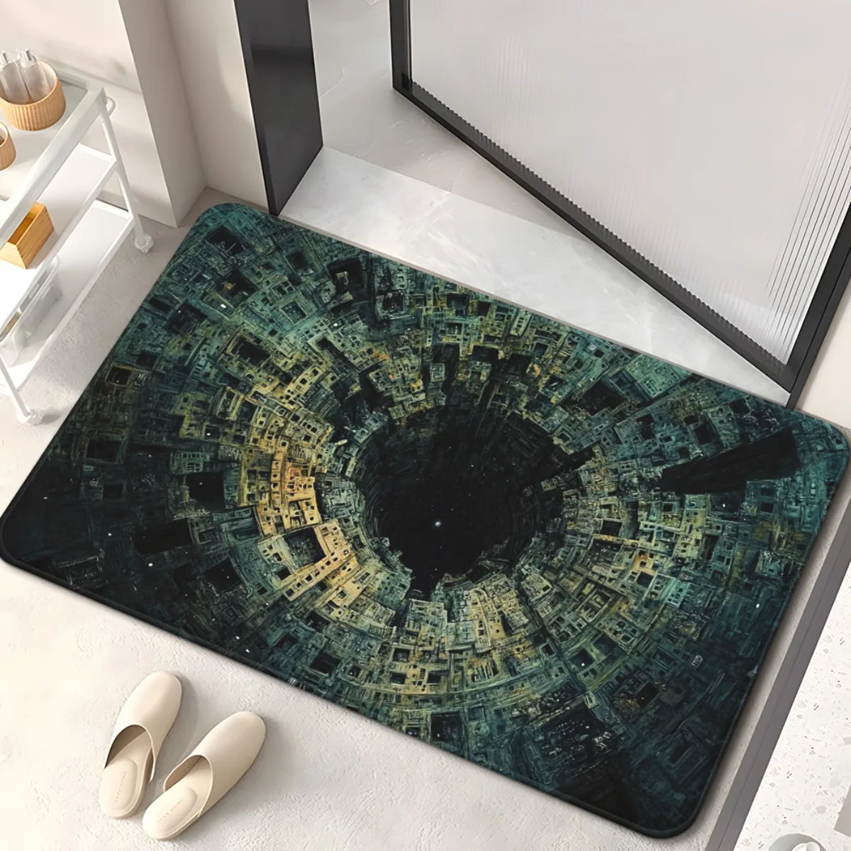 1pc Circular Dark Hole Stone Pattern HD Printed Non-Slip Absorbent Machine Washable Polyester Mat - Indoor/Outdoor Multi-Use Flo