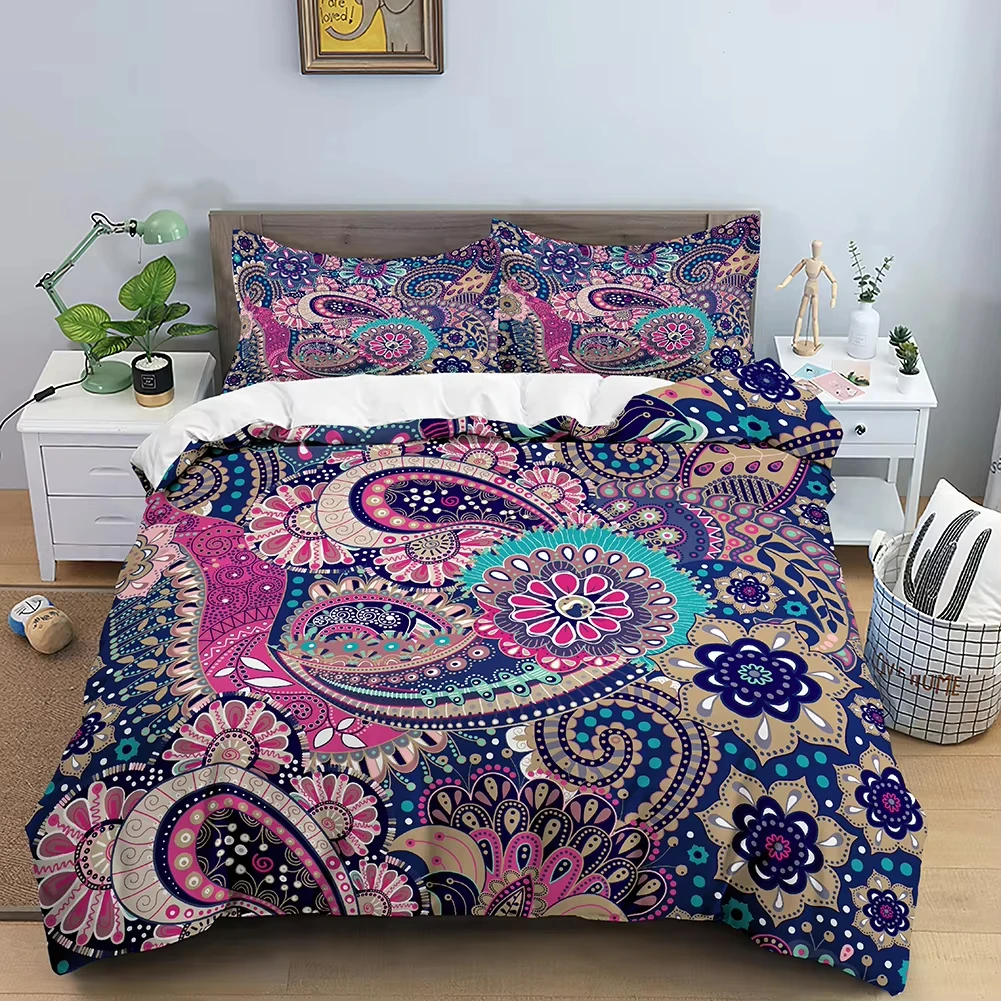 Boho Floral Duvet Cover Mandala Bedding Set Queen Full Paisley Hippie Comforter Cover for Girl Women Modern Trippy Bedroom Decor