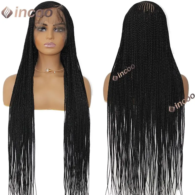 Incoo Synthetic Full Lace Frontal Larger Box Twist Braided Lace Wigs Side Part  Afro Knotless Braid Wig 36INCH For Black Women