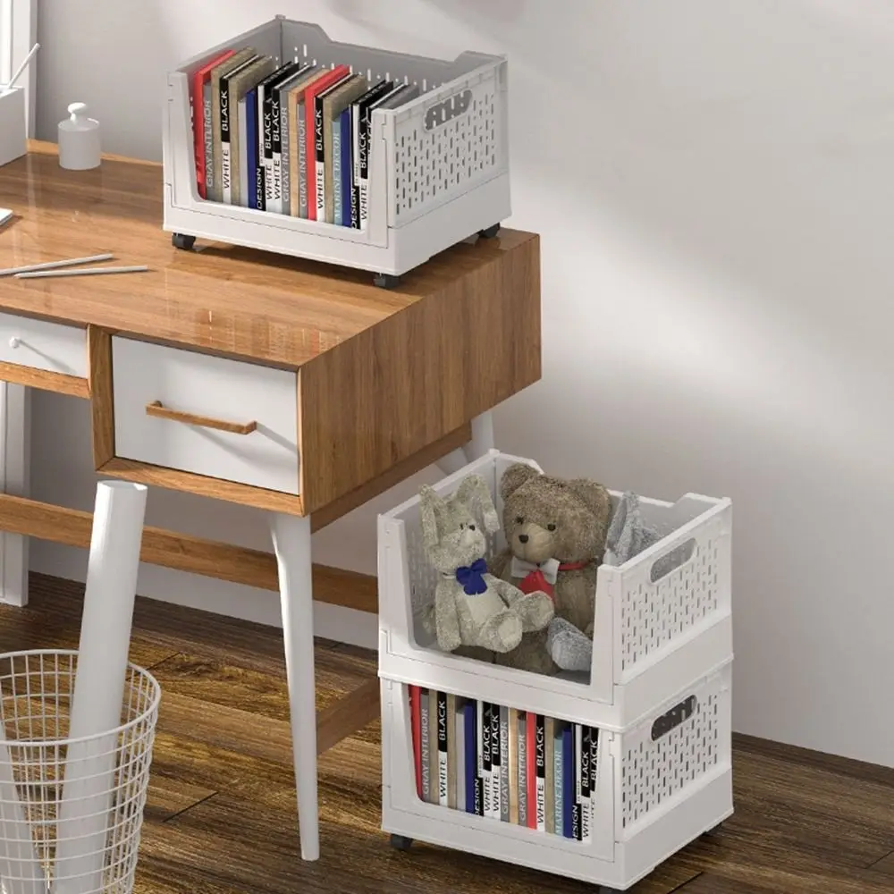 Plastic Folding Storage Box Large Capacity Stackable Book Storage Basket Space Saving with Wheels Wheeled Sundry Basket Office