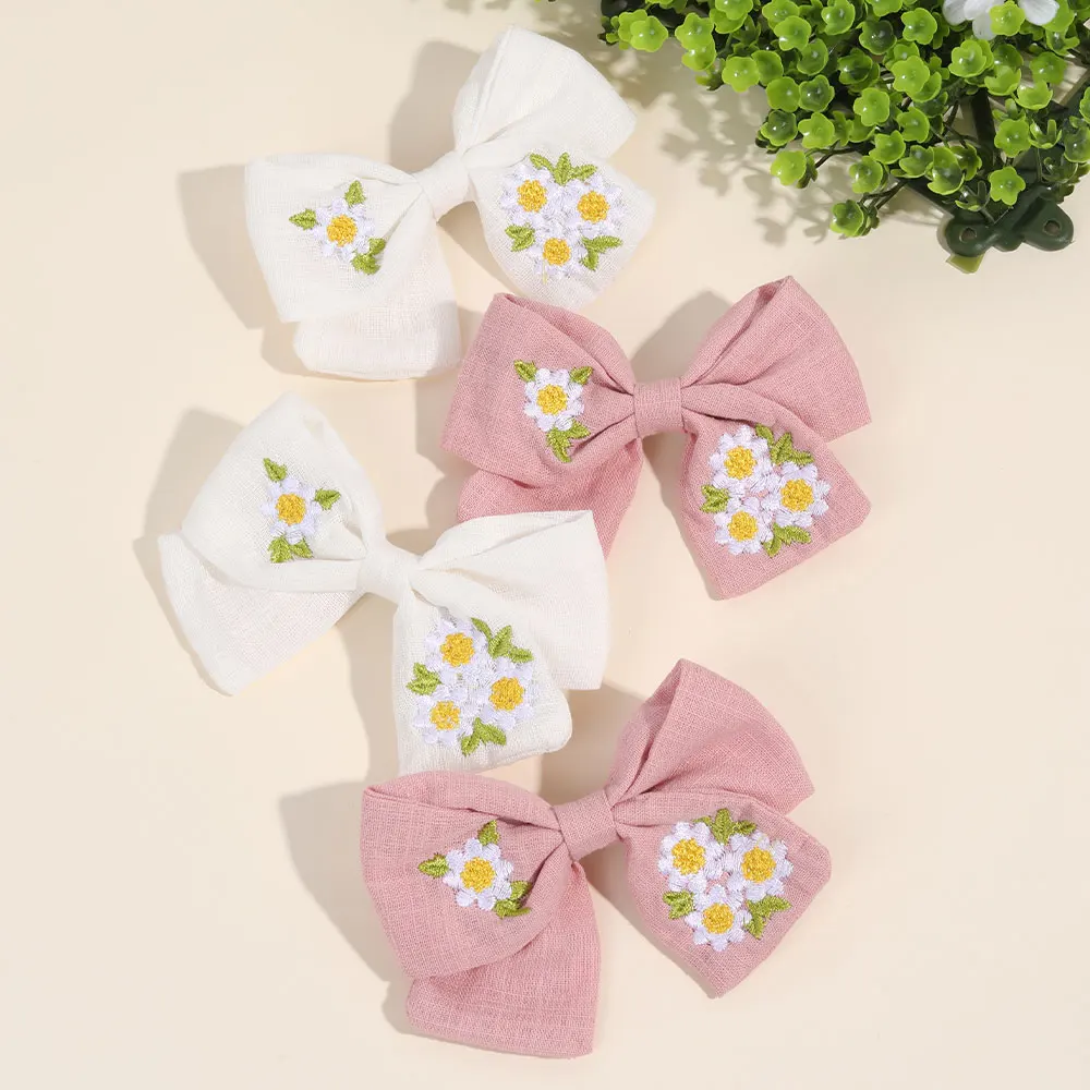 2PCS Embroidery Floral Bow Hairpin Vintage Child Ribbon Flower Hairclips Ribbon Floral Pins For Hair Girls Handmand Headwear