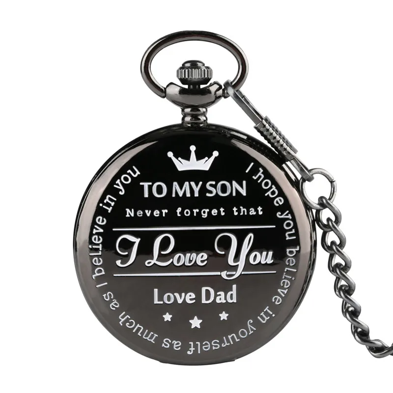 To My Son L Love You from Dad Mom Creative Black Quartz Analog Pocket Watch for Boy Kid Pendant Chain Clock Reloj De Bolsillo